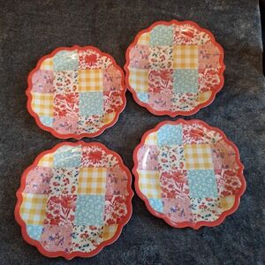 4 Pc Set Pioneer Woman Patchwork Medley Melamine 10.7" Dinner Plate Coral Cottag
